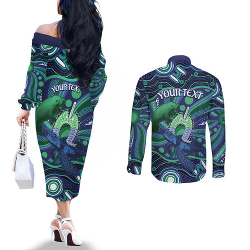 Personalised Torres Strait Islander Flag Day Couples Matching Off The Shoulder Long Sleeve Dress and Long Sleeve Button Shirt Dhari Australia Dugong Turtle Aboriginal Art