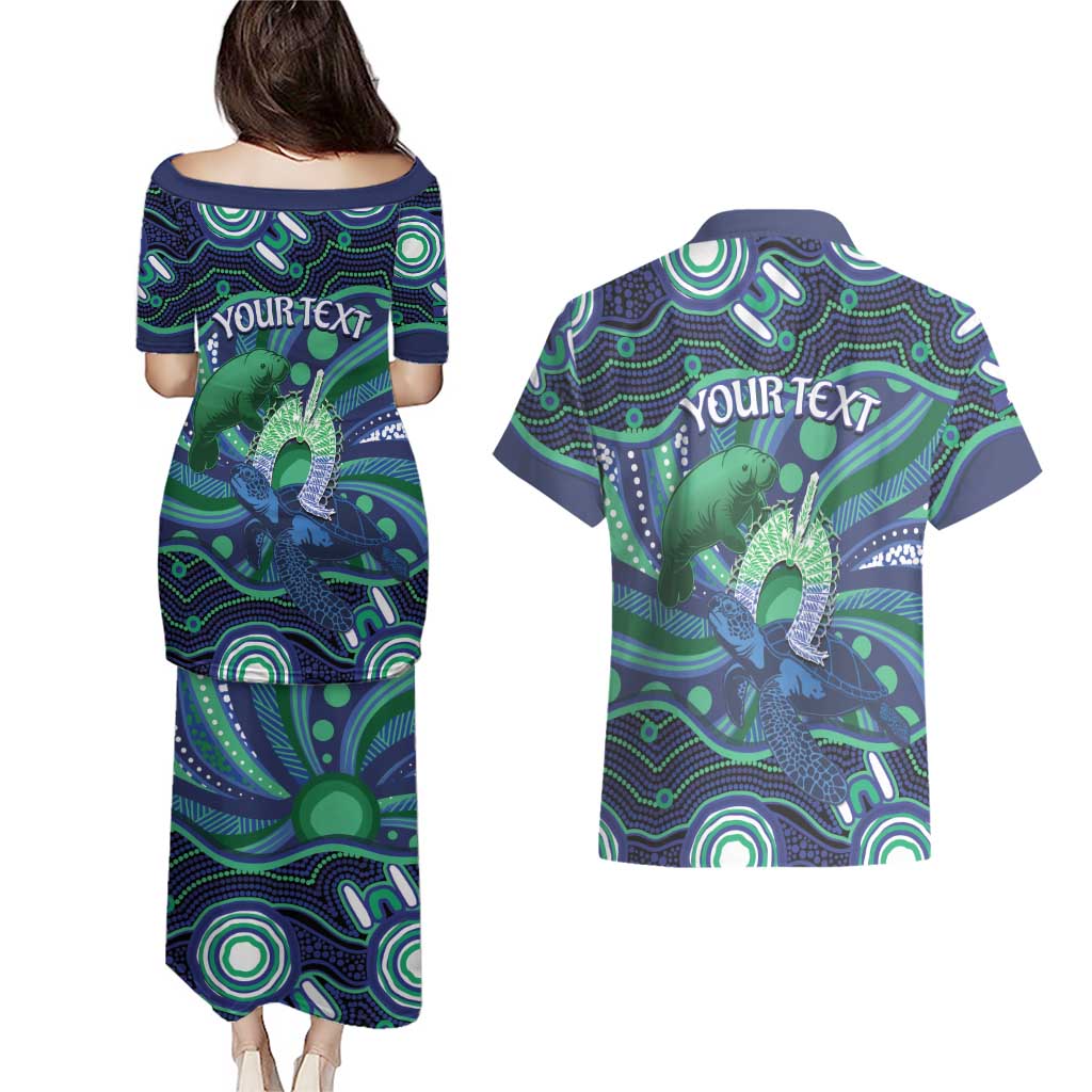 Personalised Torres Strait Islander Flag Day Couples Matching Puletasi and Hawaiian Shirt Dhari Australia Dugong Turtle Aboriginal Art