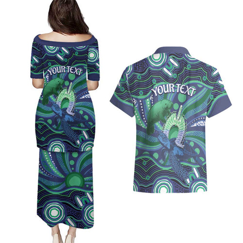 Personalised Torres Strait Islander Flag Day Couples Matching Puletasi and Hawaiian Shirt Dhari Australia Dugong Turtle Aboriginal Art