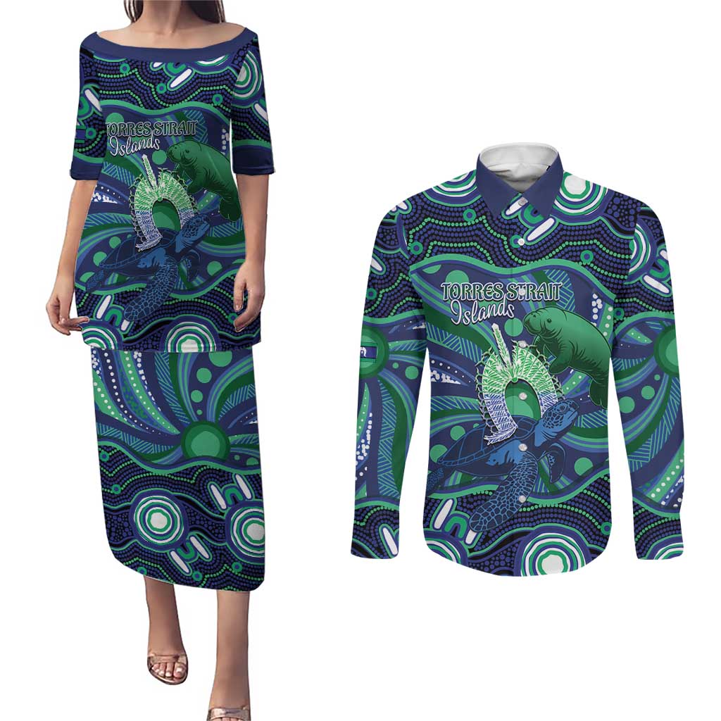 Personalised Torres Strait Islander Flag Day Couples Matching Puletasi and Long Sleeve Button Shirt Dhari Australia Dugong Turtle Aboriginal Art