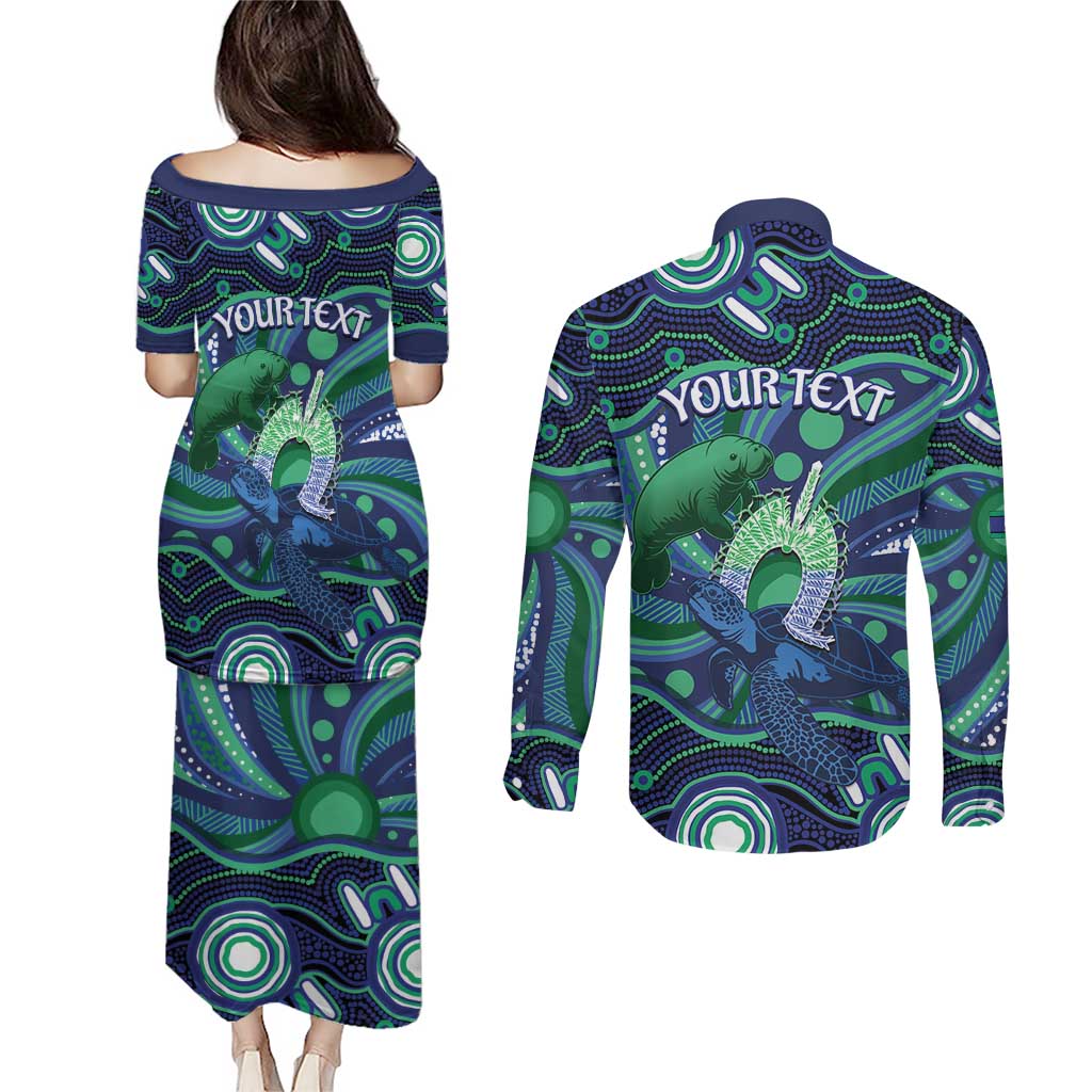 Personalised Torres Strait Islander Flag Day Couples Matching Puletasi and Long Sleeve Button Shirt Dhari Australia Dugong Turtle Aboriginal Art