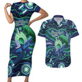 Personalised Torres Strait Islander Flag Day Couples Matching Short Sleeve Bodycon Dress and Hawaiian Shirt Dhari Australia Dugong Turtle Aboriginal Art