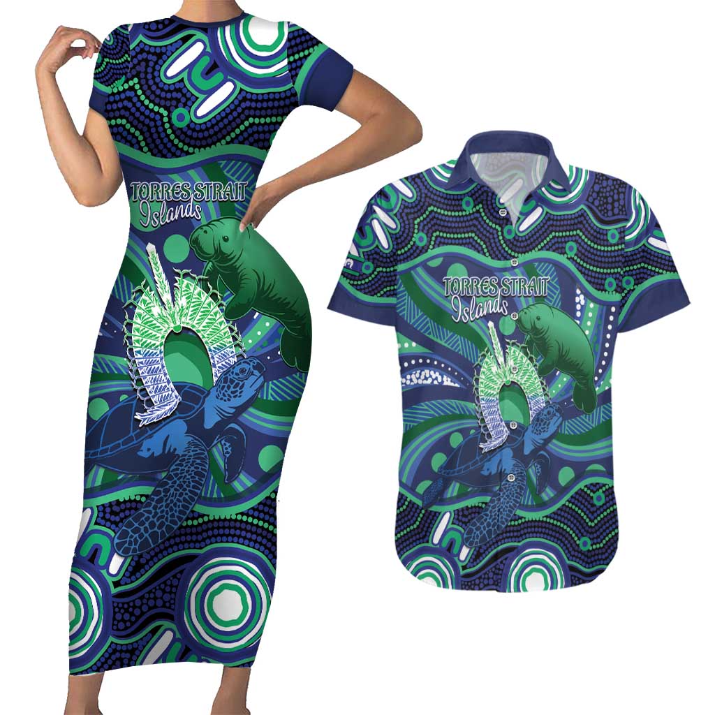 Personalised Torres Strait Islander Flag Day Couples Matching Short Sleeve Bodycon Dress and Hawaiian Shirt Dhari Australia Dugong Turtle Aboriginal Art