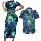 Personalised Torres Strait Islander Flag Day Couples Matching Short Sleeve Bodycon Dress and Hawaiian Shirt Dhari Australia Dugong Turtle Aboriginal Art