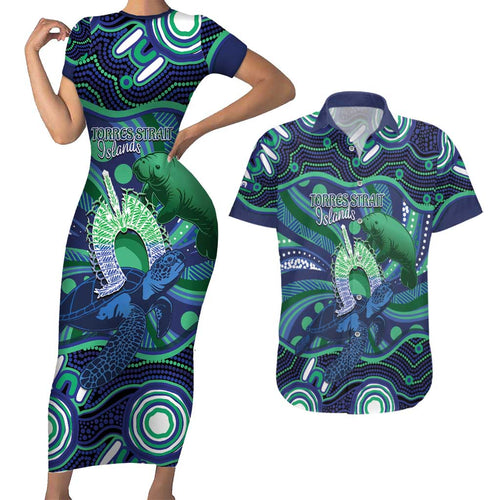 Personalised Torres Strait Islander Flag Day Couples Matching Short Sleeve Bodycon Dress and Hawaiian Shirt Dhari Australia Dugong Turtle Aboriginal Art
