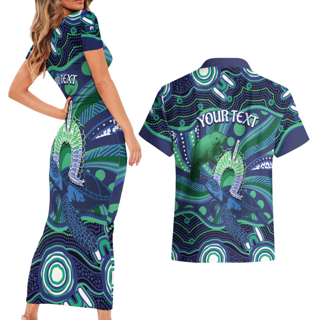 Personalised Torres Strait Islander Flag Day Couples Matching Short Sleeve Bodycon Dress and Hawaiian Shirt Dhari Australia Dugong Turtle Aboriginal Art