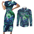 Personalised Torres Strait Islander Flag Day Couples Matching Short Sleeve Bodycon Dress and Long Sleeve Button Shirt Dhari Australia Dugong Turtle Aboriginal Art