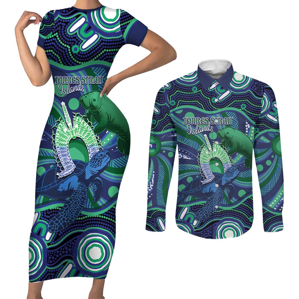 Personalised Torres Strait Islander Flag Day Couples Matching Short Sleeve Bodycon Dress and Long Sleeve Button Shirt Dhari Australia Dugong Turtle Aboriginal Art