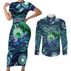 Personalised Torres Strait Islander Flag Day Couples Matching Short Sleeve Bodycon Dress and Long Sleeve Button Shirt Dhari Australia Dugong Turtle Aboriginal Art