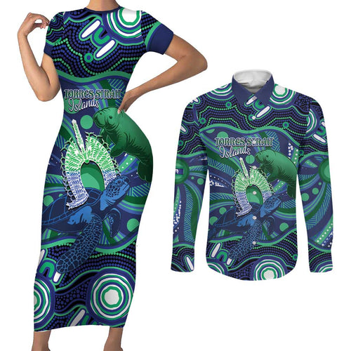 Personalised Torres Strait Islander Flag Day Couples Matching Short Sleeve Bodycon Dress and Long Sleeve Button Shirt Dhari Australia Dugong Turtle Aboriginal Art