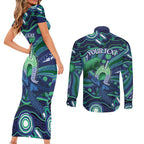 Personalised Torres Strait Islander Flag Day Couples Matching Short Sleeve Bodycon Dress and Long Sleeve Button Shirt Dhari Australia Dugong Turtle Aboriginal Art