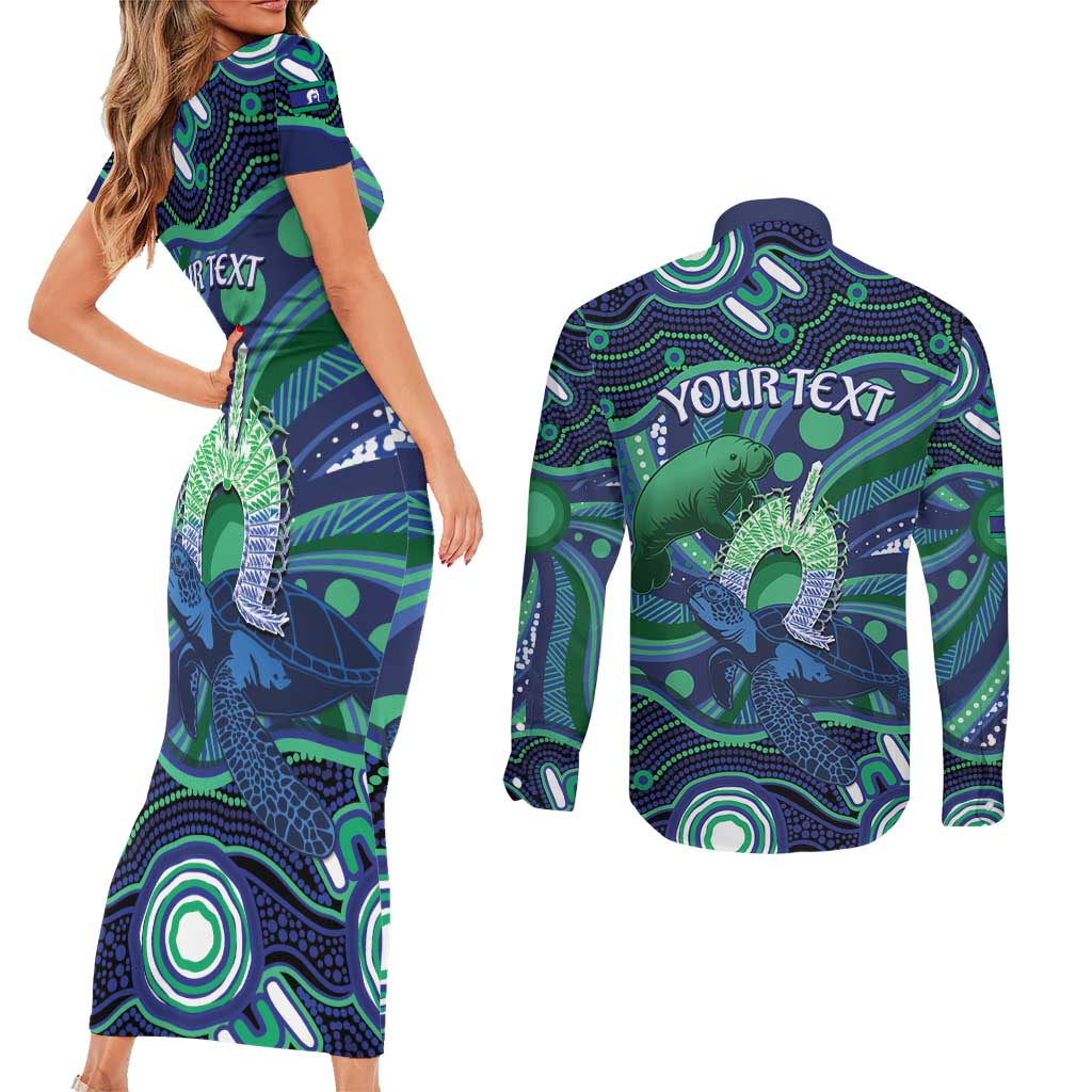 Personalised Torres Strait Islander Flag Day Couples Matching Short Sleeve Bodycon Dress and Long Sleeve Button Shirt Dhari Australia Dugong Turtle Aboriginal Art