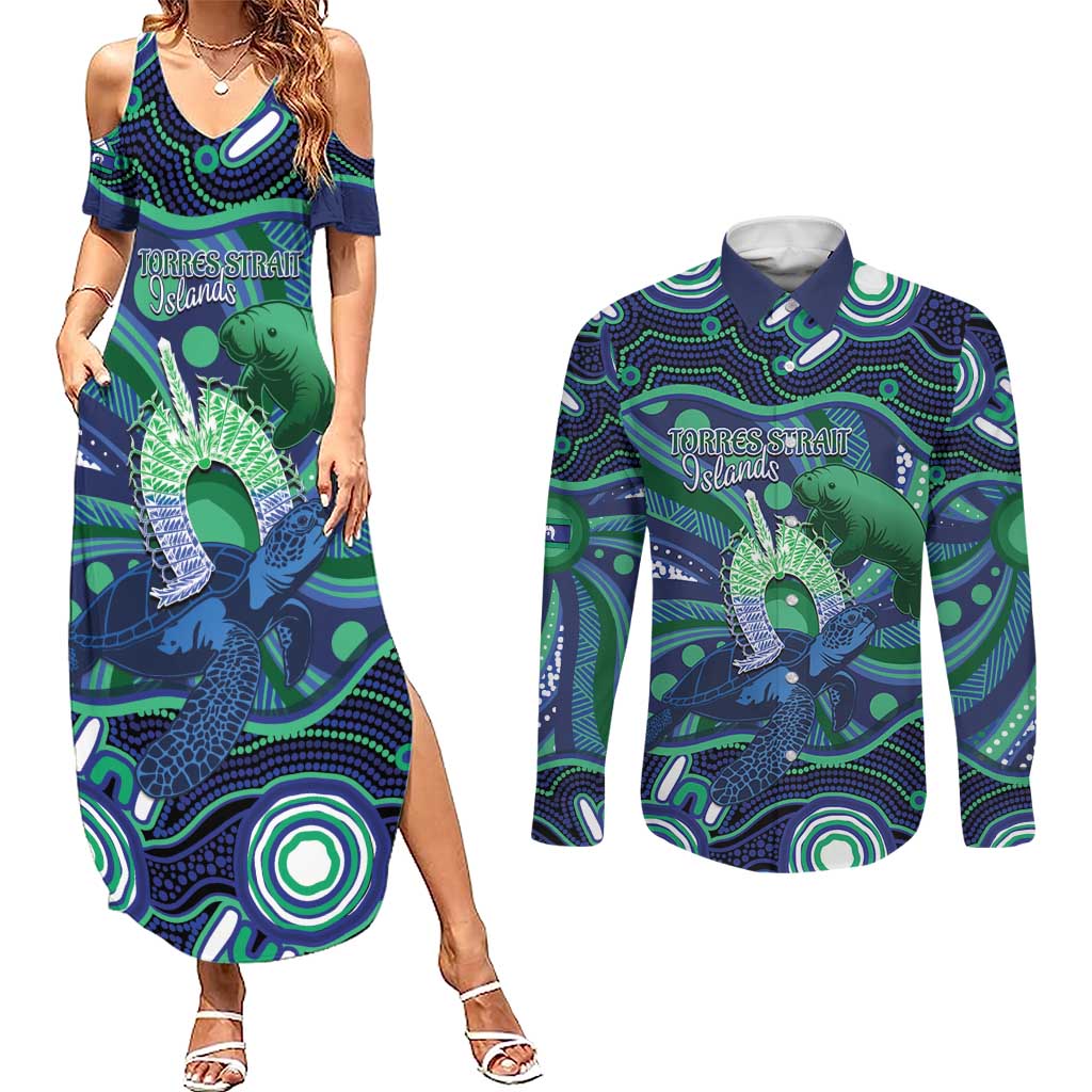 Personalised Torres Strait Islander Flag Day Couples Matching Summer Maxi Dress and Long Sleeve Button Shirt Dhari Australia Dugong Turtle Aboriginal Art