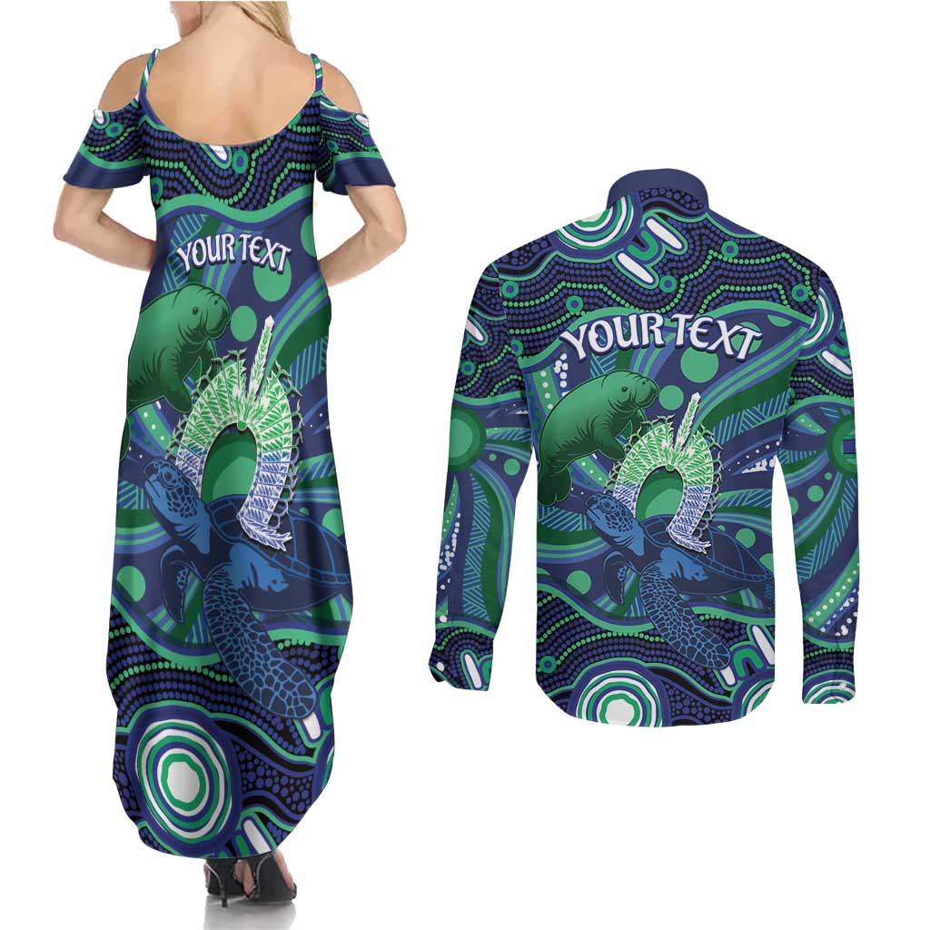 Personalised Torres Strait Islander Flag Day Couples Matching Summer Maxi Dress and Long Sleeve Button Shirt Dhari Australia Dugong Turtle Aboriginal Art