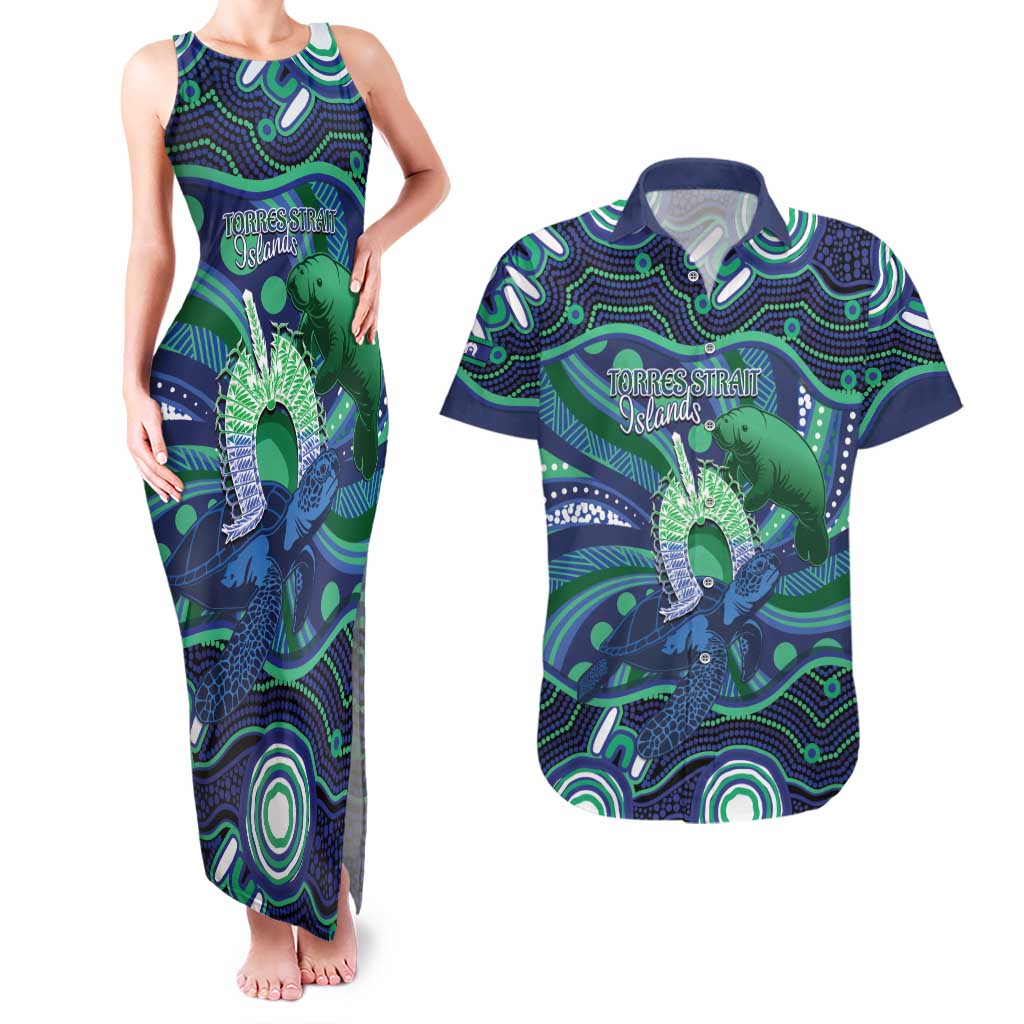 Personalised Torres Strait Islander Flag Day Couples Matching Tank Maxi Dress and Hawaiian Shirt Dhari Australia Dugong Turtle Aboriginal Art
