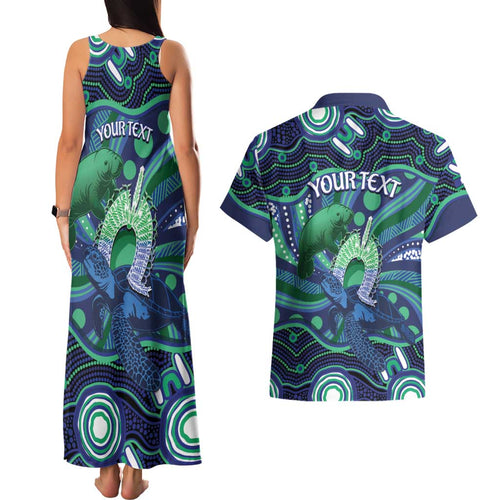 Personalised Torres Strait Islander Flag Day Couples Matching Tank Maxi Dress and Hawaiian Shirt Dhari Australia Dugong Turtle Aboriginal Art