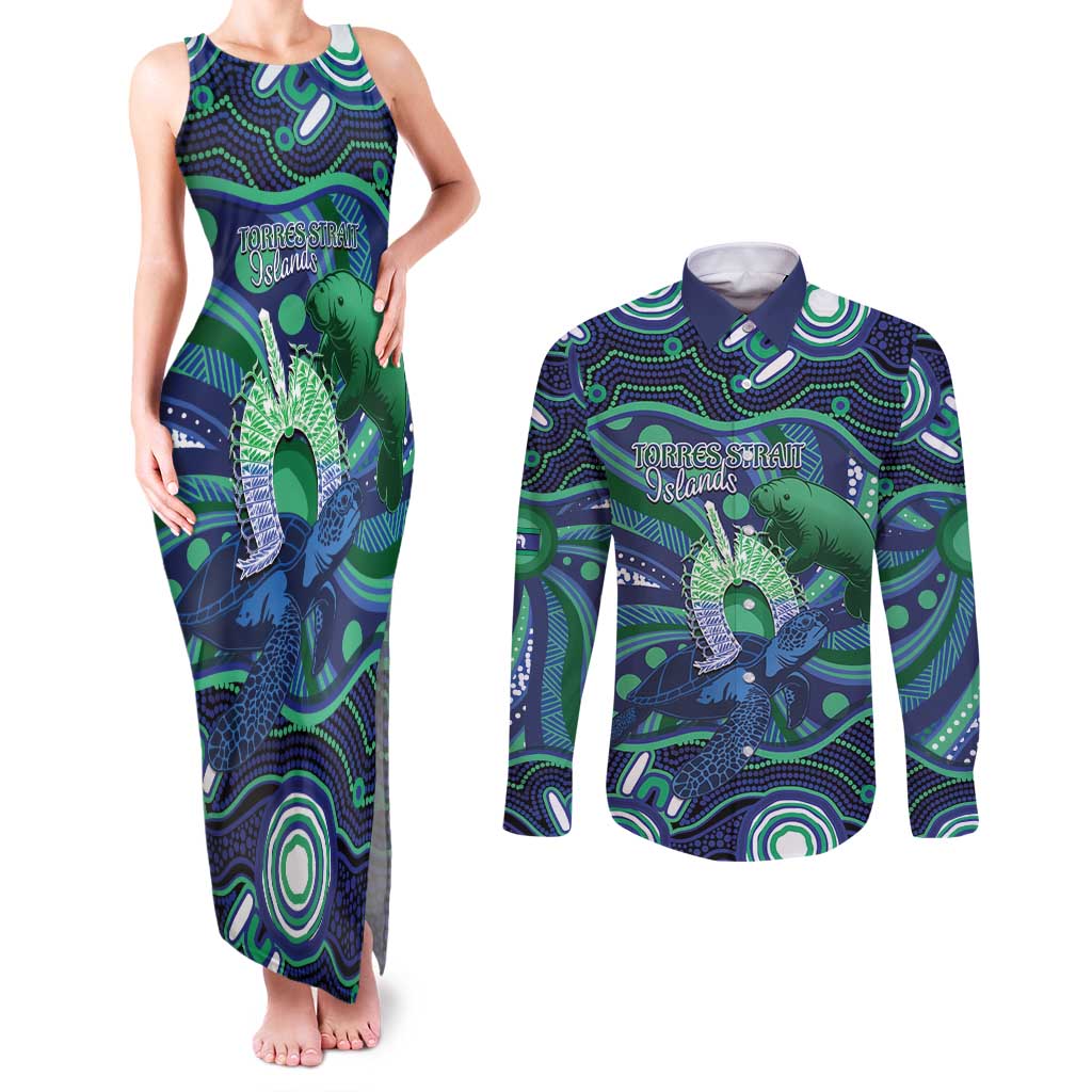 Personalised Torres Strait Islander Flag Day Couples Matching Tank Maxi Dress and Long Sleeve Button Shirt Dhari Australia Dugong Turtle Aboriginal Art