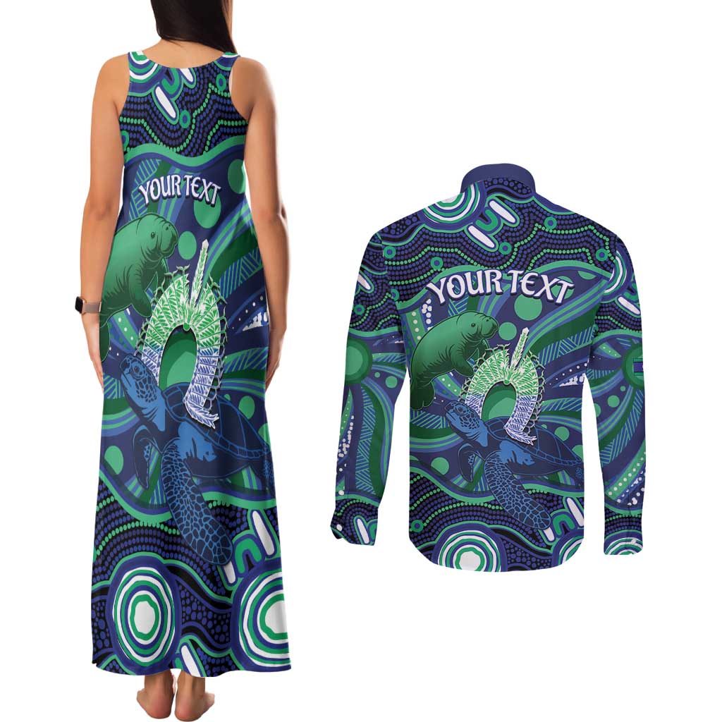 Personalised Torres Strait Islander Flag Day Couples Matching Tank Maxi Dress and Long Sleeve Button Shirt Dhari Australia Dugong Turtle Aboriginal Art