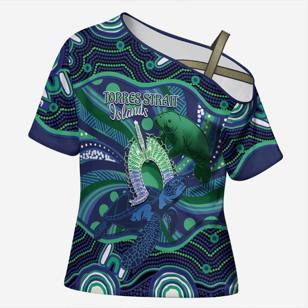 Personalised Torres Strait Islander Flag Day Cross Shoulder Shirt Dhari Australia Dugong Turtle Aboriginal Art