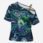Personalised Torres Strait Islander Flag Day Cross Shoulder Shirt Dhari Australia Dugong Turtle Aboriginal Art