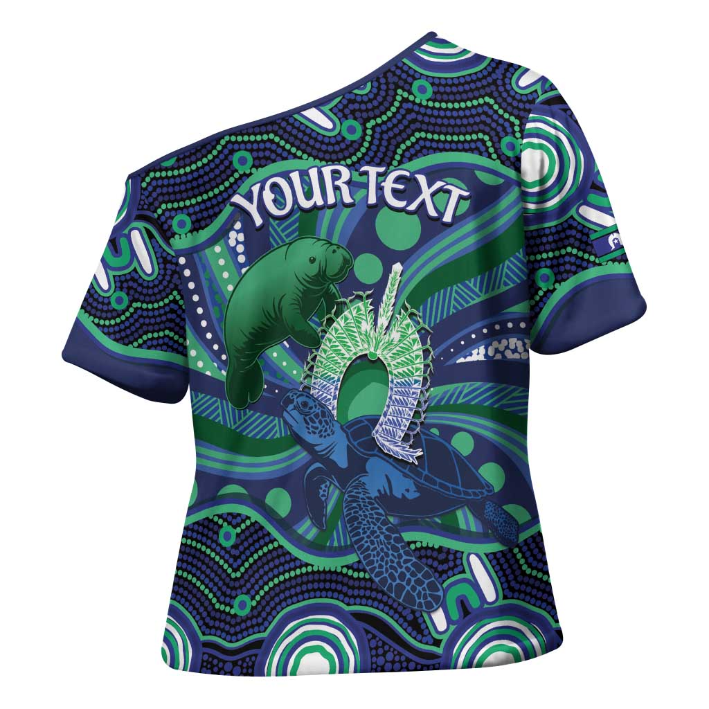 Personalised Torres Strait Islander Flag Day Cross Shoulder Shirt Dhari Australia Dugong Turtle Aboriginal Art