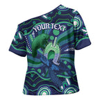 Personalised Torres Strait Islander Flag Day Cross Shoulder Shirt Dhari Australia Dugong Turtle Aboriginal Art