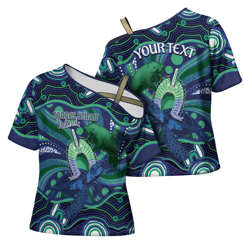 Personalised Torres Strait Islander Flag Day Cross Shoulder Shirt Dhari Australia Dugong Turtle Aboriginal Art