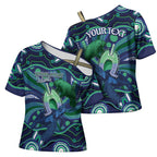 Personalised Torres Strait Islander Flag Day Cross Shoulder Shirt Dhari Australia Dugong Turtle Aboriginal Art
