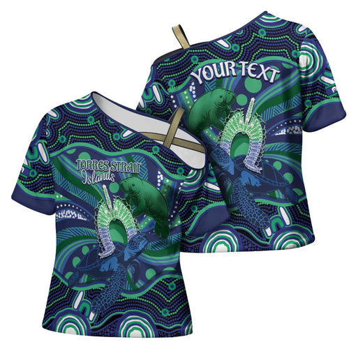 Personalised Torres Strait Islander Flag Day Cross Shoulder Shirt Dhari Australia Dugong Turtle Aboriginal Art