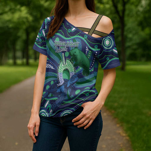 Personalised Torres Strait Islander Flag Day Cross Shoulder Shirt Dhari Australia Dugong Turtle Aboriginal Art