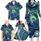 Personalised Torres Strait Islander Flag Day Family Matching Long Sleeve Bodycon Dress and Hawaiian Shirt Dhari Australia Dugong Turtle Aboriginal Art