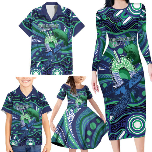 Personalised Torres Strait Islander Flag Day Family Matching Long Sleeve Bodycon Dress and Hawaiian Shirt Dhari Australia Dugong Turtle Aboriginal Art
