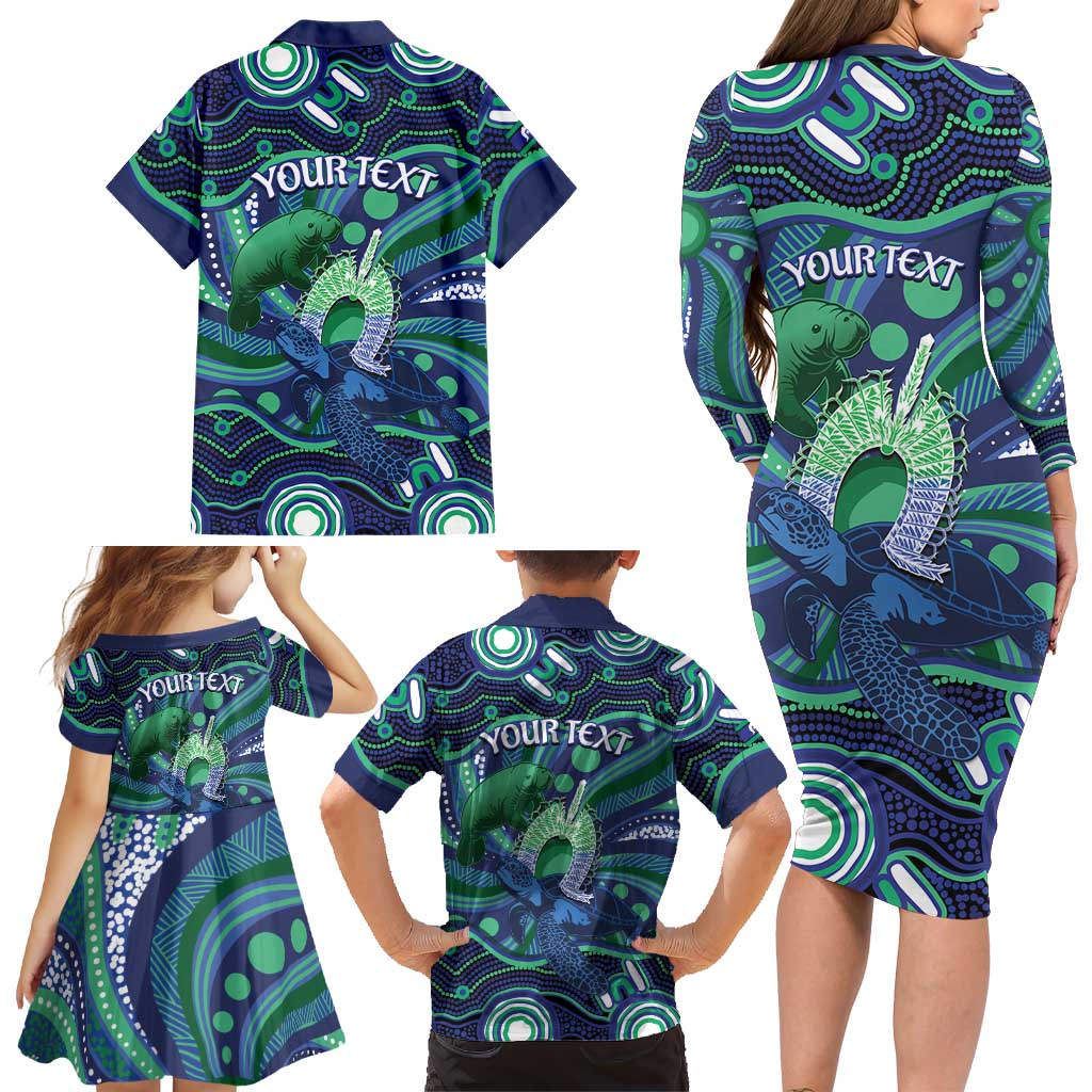 Personalised Torres Strait Islander Flag Day Family Matching Long Sleeve Bodycon Dress and Hawaiian Shirt Dhari Australia Dugong Turtle Aboriginal Art