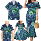 Personalised Torres Strait Islander Flag Day Family Matching Mermaid Dress and Hawaiian Shirt Dhari Australia Dugong Turtle Aboriginal Art