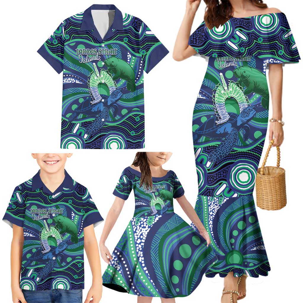Personalised Torres Strait Islander Flag Day Family Matching Mermaid Dress and Hawaiian Shirt Dhari Australia Dugong Turtle Aboriginal Art