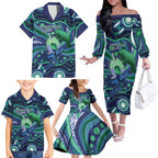 Personalised Torres Strait Islander Flag Day Family Matching Off The Shoulder Long Sleeve Dress and Hawaiian Shirt Dhari Australia Dugong Turtle Aboriginal Art