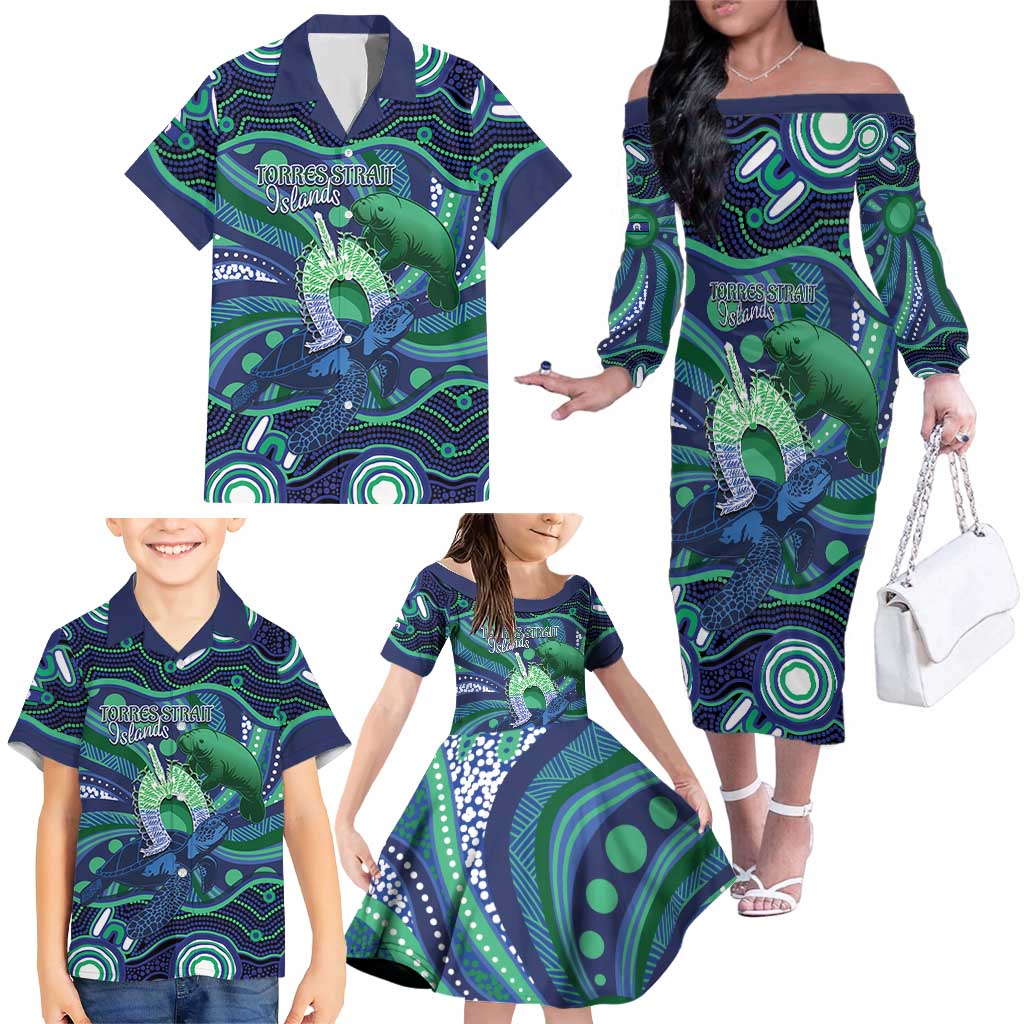 Personalised Torres Strait Islander Flag Day Family Matching Off The Shoulder Long Sleeve Dress and Hawaiian Shirt Dhari Australia Dugong Turtle Aboriginal Art