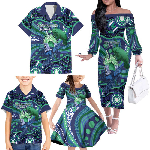 Personalised Torres Strait Islander Flag Day Family Matching Off The Shoulder Long Sleeve Dress and Hawaiian Shirt Dhari Australia Dugong Turtle Aboriginal Art