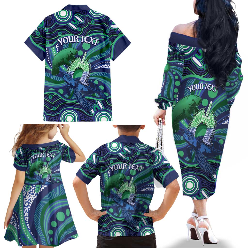 Personalised Torres Strait Islander Flag Day Family Matching Off The Shoulder Long Sleeve Dress and Hawaiian Shirt Dhari Australia Dugong Turtle Aboriginal Art