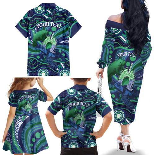 Personalised Torres Strait Islander Flag Day Family Matching Off The Shoulder Long Sleeve Dress and Hawaiian Shirt Dhari Australia Dugong Turtle Aboriginal Art