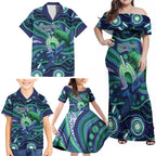 Personalised Torres Strait Islander Flag Day Family Matching Off Shoulder Maxi Dress and Hawaiian Shirt Dhari Australia Dugong Turtle Aboriginal Art