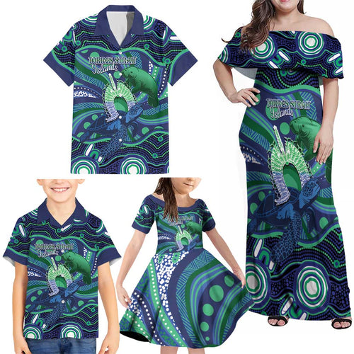 Personalised Torres Strait Islander Flag Day Family Matching Off Shoulder Maxi Dress and Hawaiian Shirt Dhari Australia Dugong Turtle Aboriginal Art