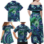 Personalised Torres Strait Islander Flag Day Family Matching Off Shoulder Maxi Dress and Hawaiian Shirt Dhari Australia Dugong Turtle Aboriginal Art