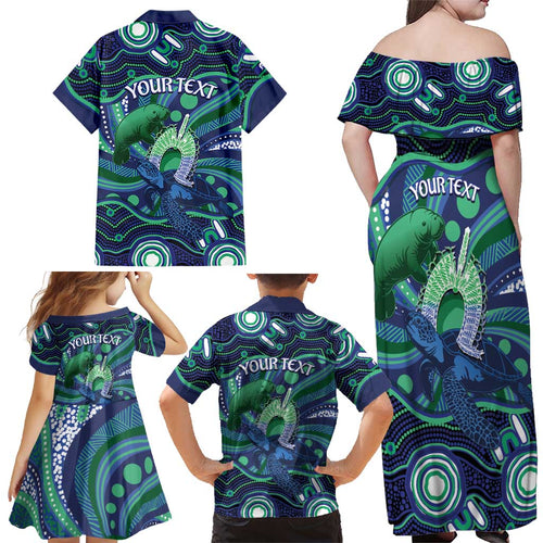 Personalised Torres Strait Islander Flag Day Family Matching Off Shoulder Maxi Dress and Hawaiian Shirt Dhari Australia Dugong Turtle Aboriginal Art