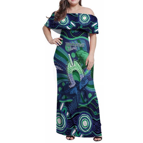 Personalised Torres Strait Islander Flag Day Family Matching Off Shoulder Maxi Dress and Hawaiian Shirt Dhari Australia Dugong Turtle Aboriginal Art