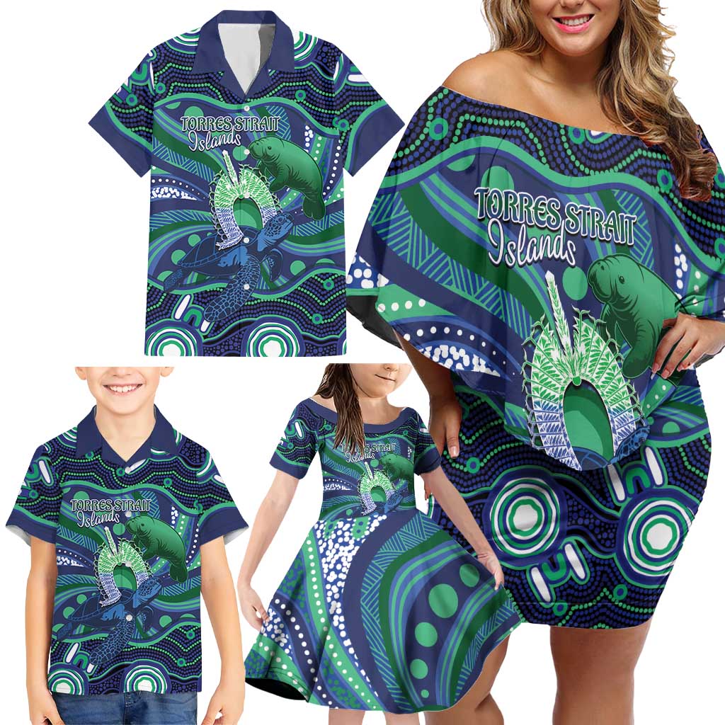 Personalised Torres Strait Islander Flag Day Family Matching Off Shoulder Short Dress and Hawaiian Shirt Dhari Australia Dugong Turtle Aboriginal Art