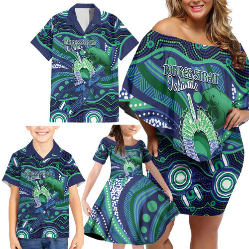 Personalised Torres Strait Islander Flag Day Family Matching Off Shoulder Short Dress and Hawaiian Shirt Dhari Australia Dugong Turtle Aboriginal Art
