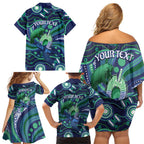Personalised Torres Strait Islander Flag Day Family Matching Off Shoulder Short Dress and Hawaiian Shirt Dhari Australia Dugong Turtle Aboriginal Art
