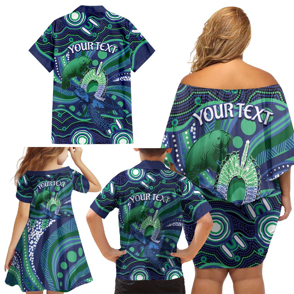 Personalised Torres Strait Islander Flag Day Family Matching Off Shoulder Short Dress and Hawaiian Shirt Dhari Australia Dugong Turtle Aboriginal Art