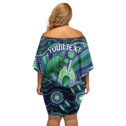 Personalised Torres Strait Islander Flag Day Family Matching Off Shoulder Short Dress and Hawaiian Shirt Dhari Australia Dugong Turtle Aboriginal Art